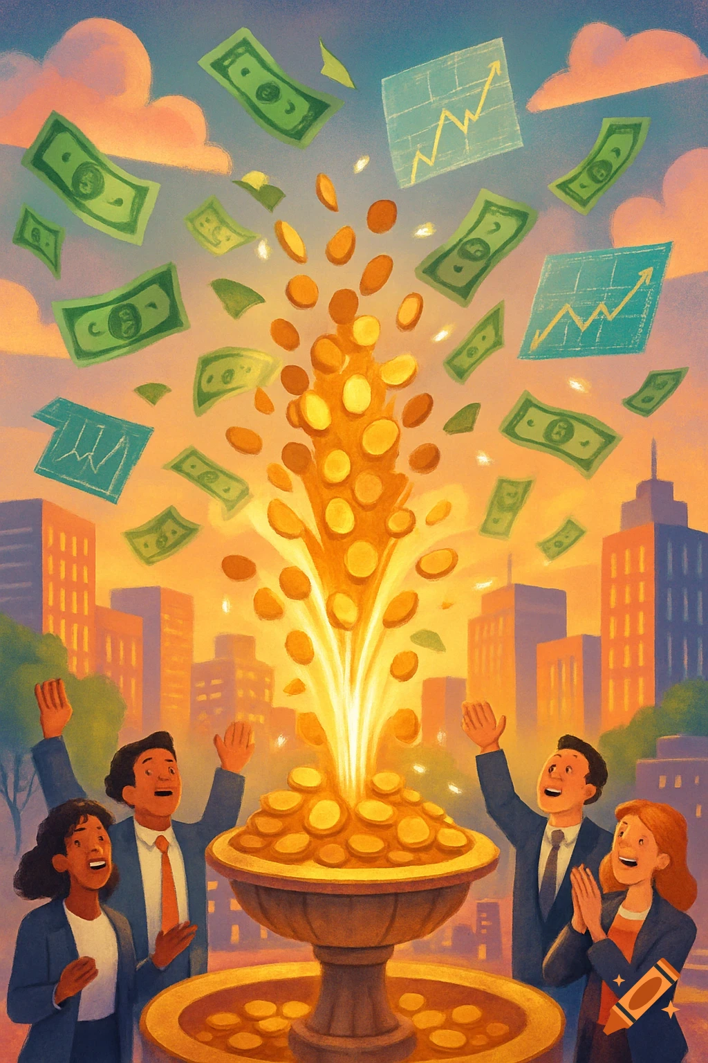 Illustration of people celebrating as money and coins erupt from a fountain in a city, with financial charts.