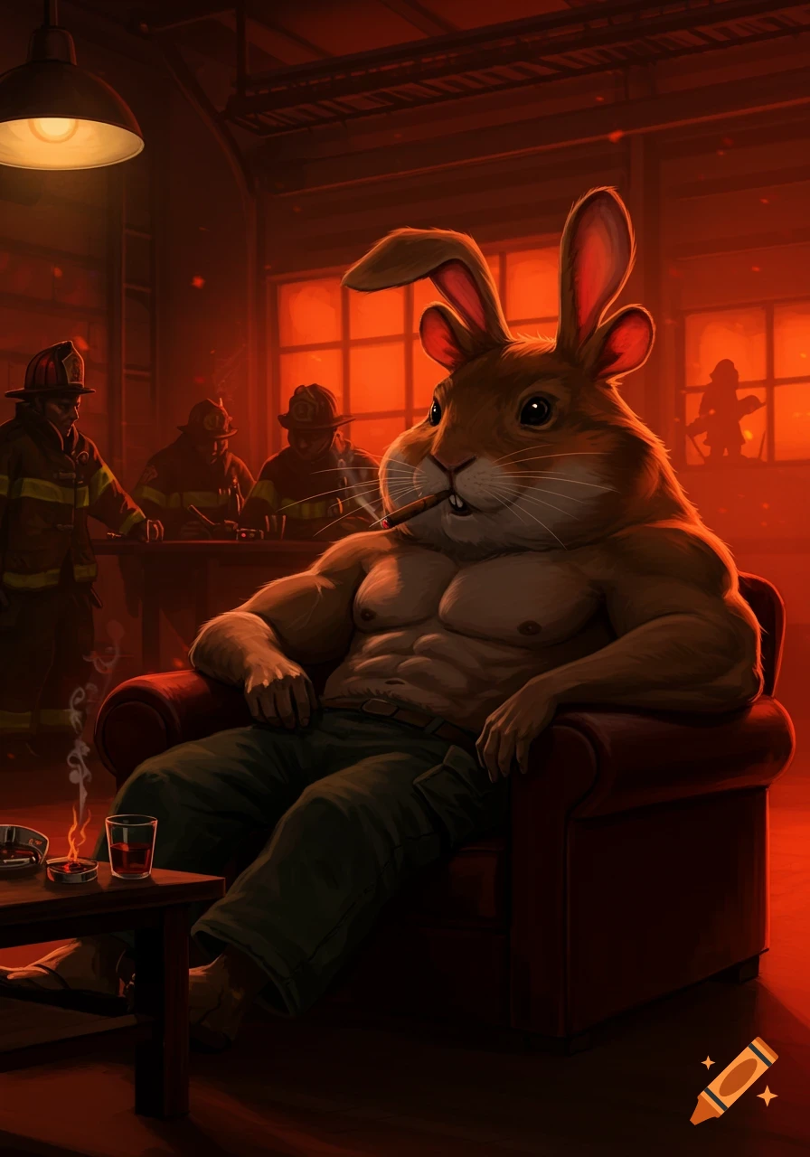 Muscular rabbit-man smoking a cigar in a recliner in a dim fire station, firefighters in background, digital art.
