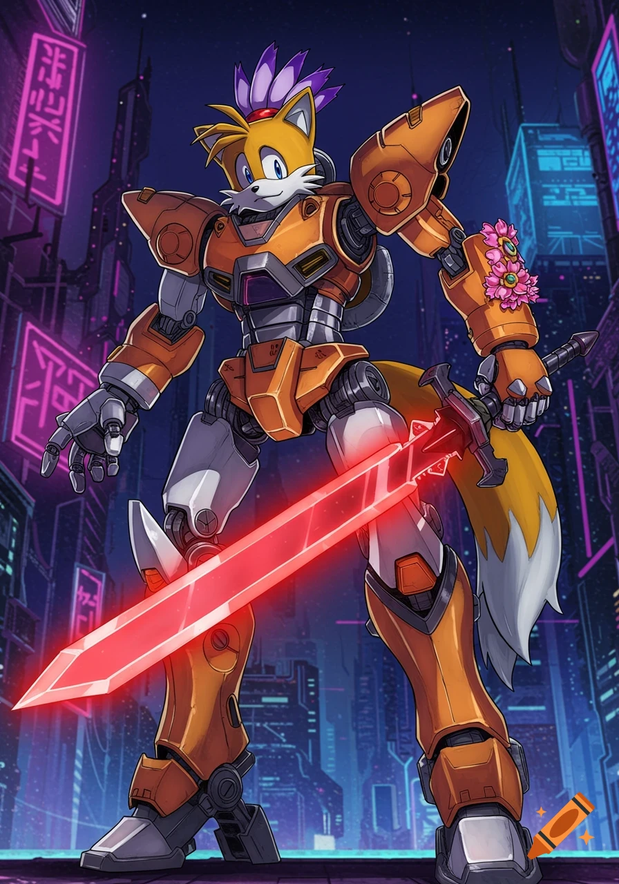 Tails in orange and gray mecha armor holding a glowing red sword in a cyberpunk city.