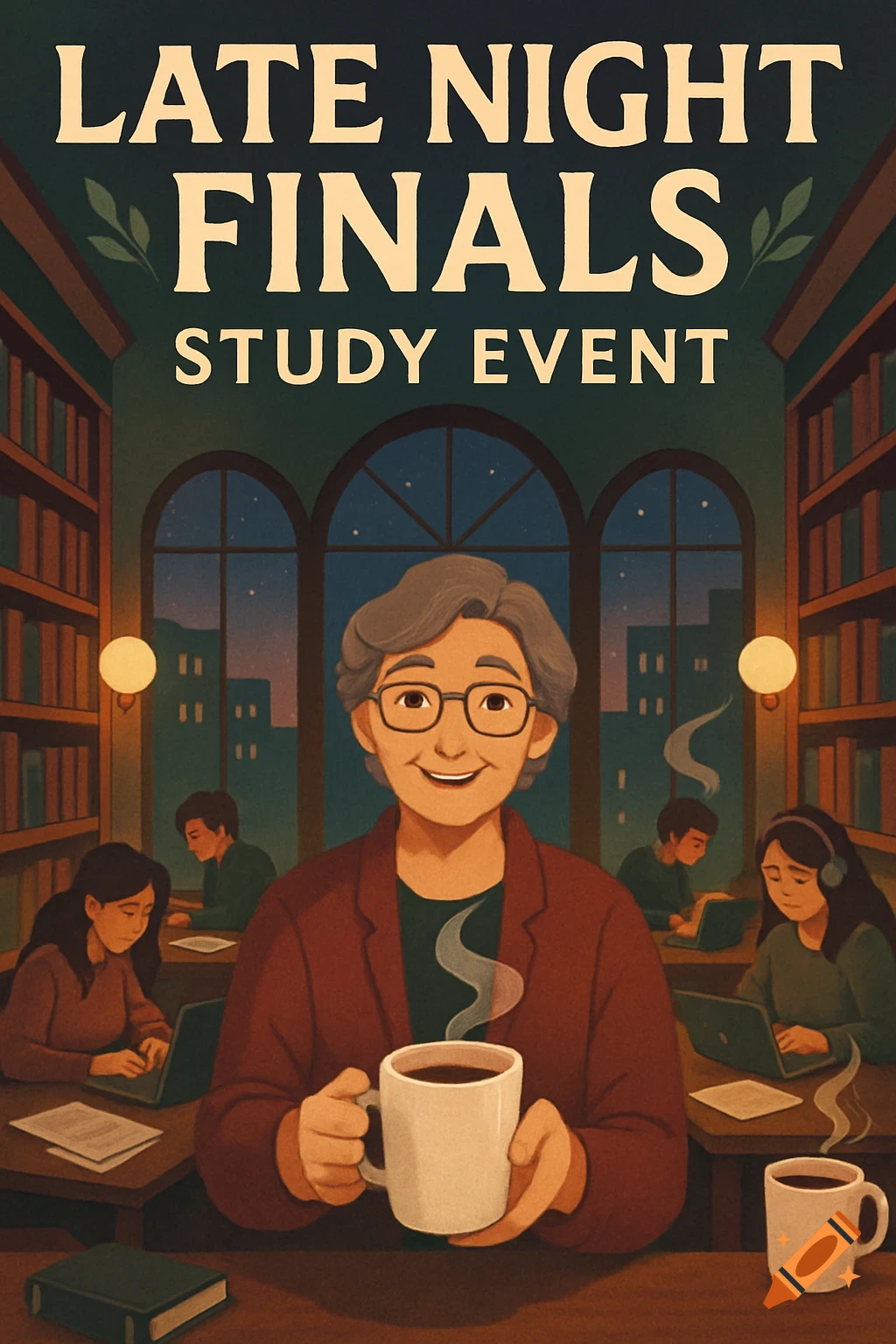 Illustration of a librarian with coffee, students studying in a late-night library. Text: 'LATE NIGHT FINALS STUDY EVENT'.