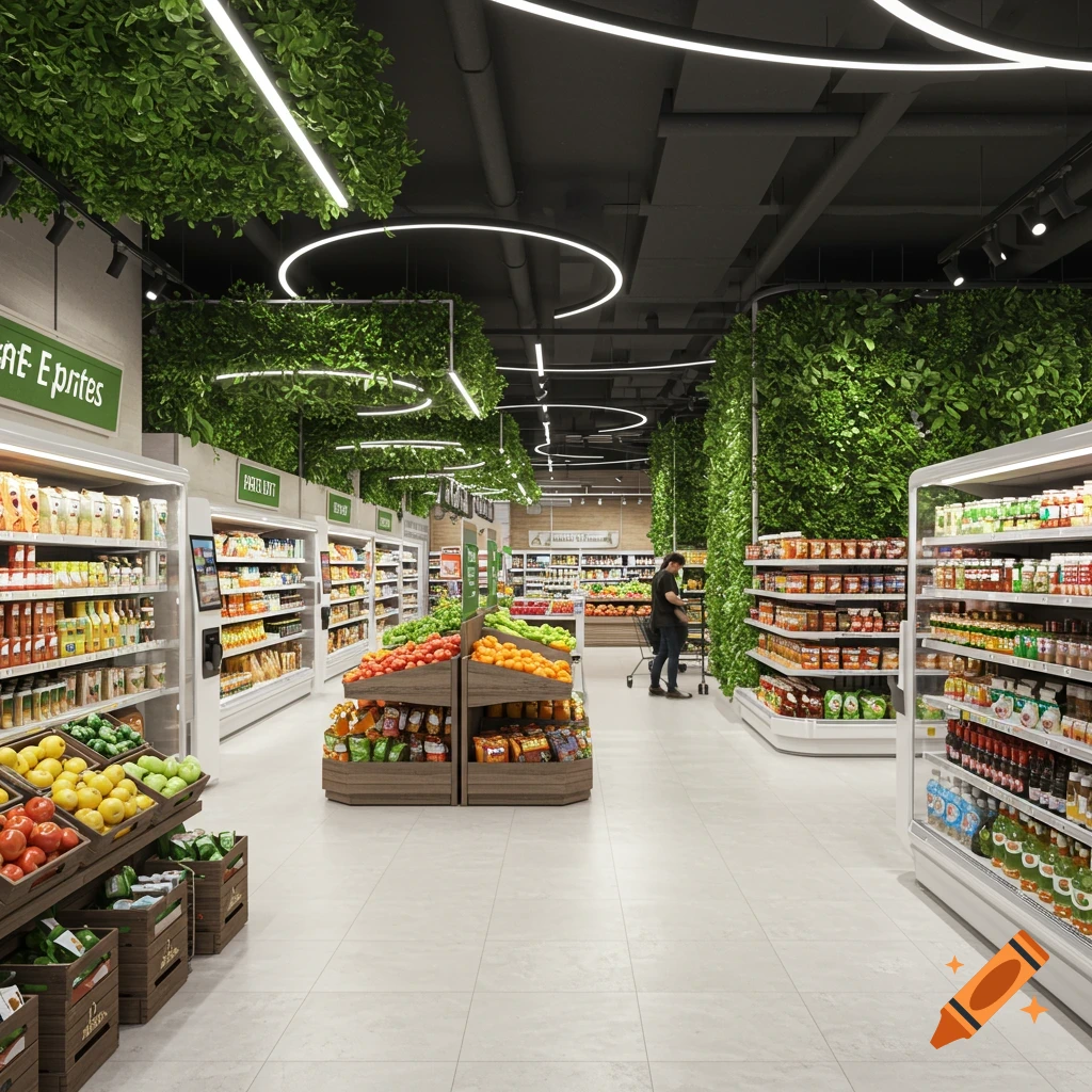 A bright, modern supermarket with green foliage on walls and ceiling, aisles of food, and fresh produce displays. A shopper is in the background.