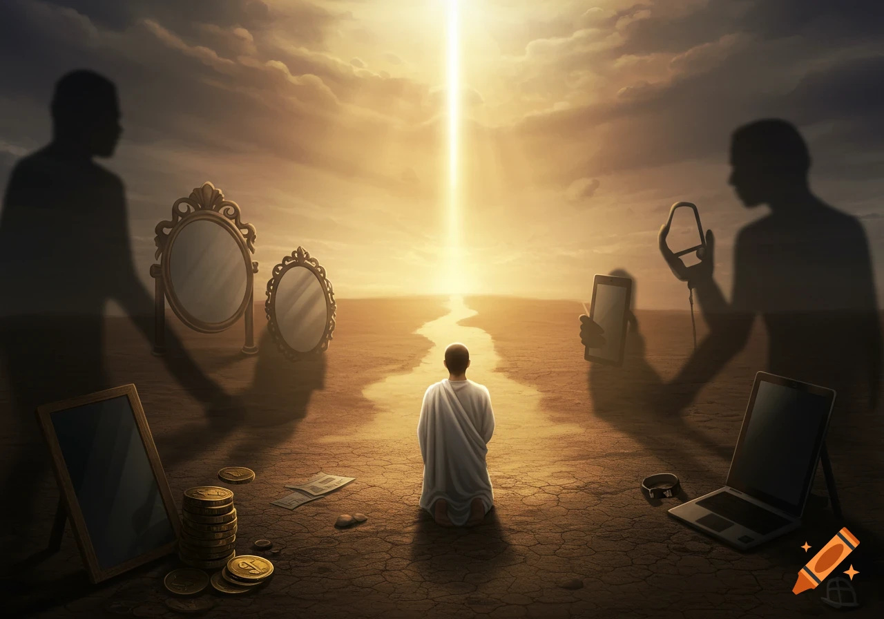 A person in white robes kneels on cracked earth, facing a glowing path into a bright horizon, surrounded by shadowy figures symbolizing worldly temptations.