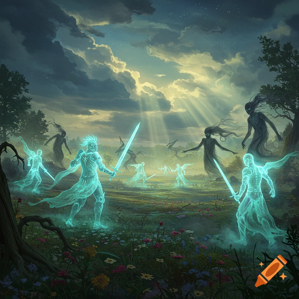 Glowing spectral knights with swords face shadowy figures in a mystical, flower-filled field under a dramatic sky with sun rays.