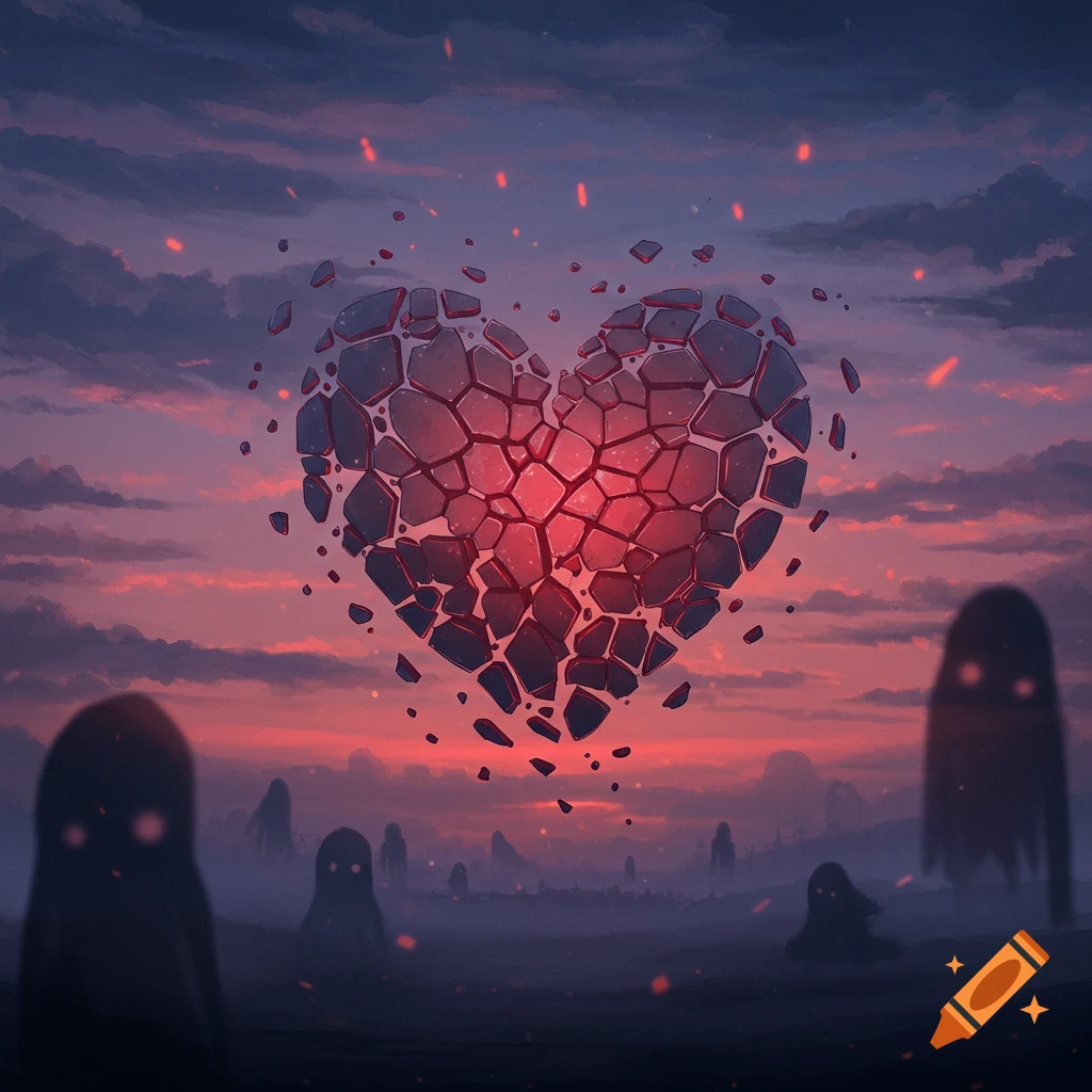 A large glowing broken heart floats in a sunset sky above shadowy figures on a mystical landscape, digital art.