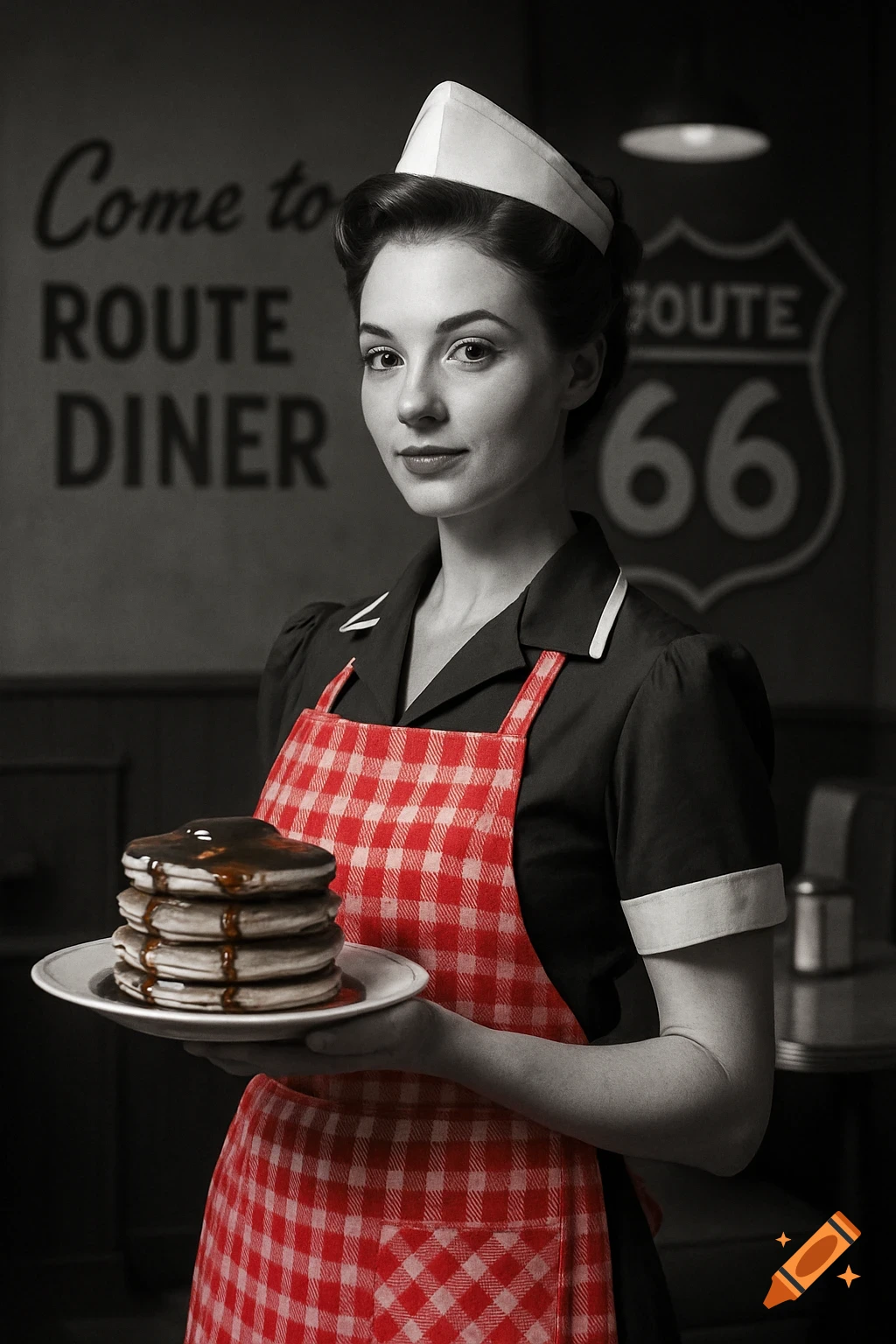 A black and white photorealistic image of a 1950s waitress in a red checkered apron holding a stack of pancakes.