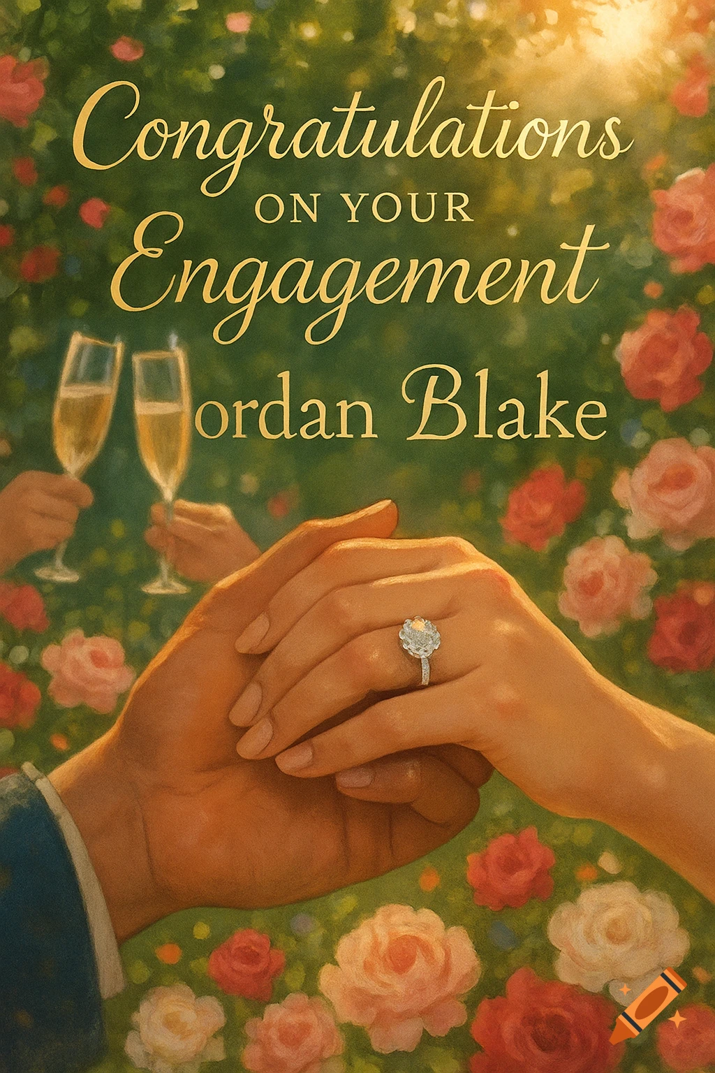 A congratulatory engagement card with clasped hands, a diamond ring, champagne flutes, and roses. Text: "Congratulations on your Engagement Jordan Blake".