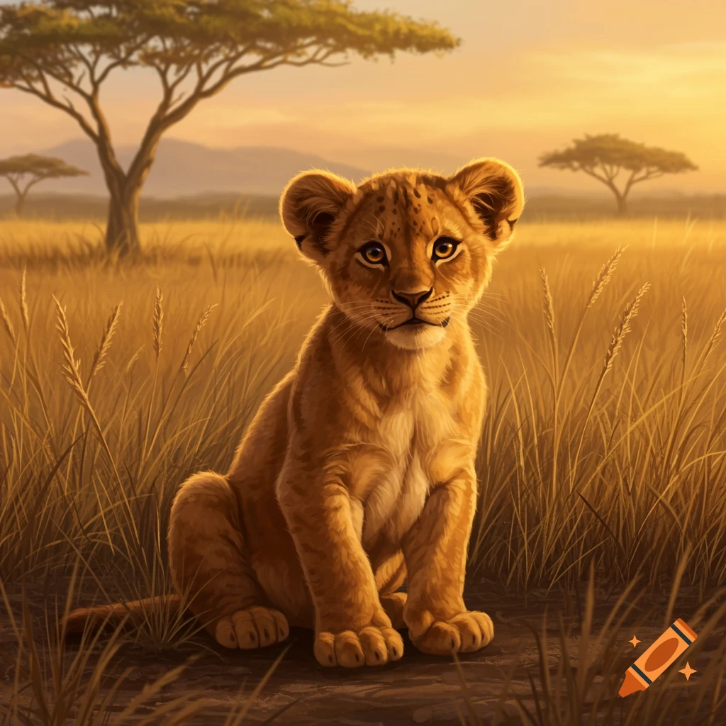 A cute lion cub sits in golden tall grass in a sunny savanna with acacia trees at sunset.