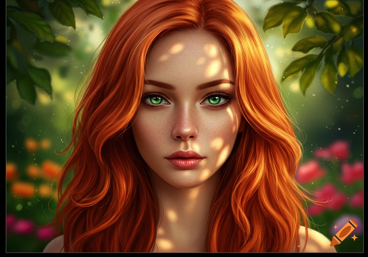 Photorealistic portrait of a beautiful redhead woman with green eyes and freckles, lit by dappled sunlight in a lush green garden.