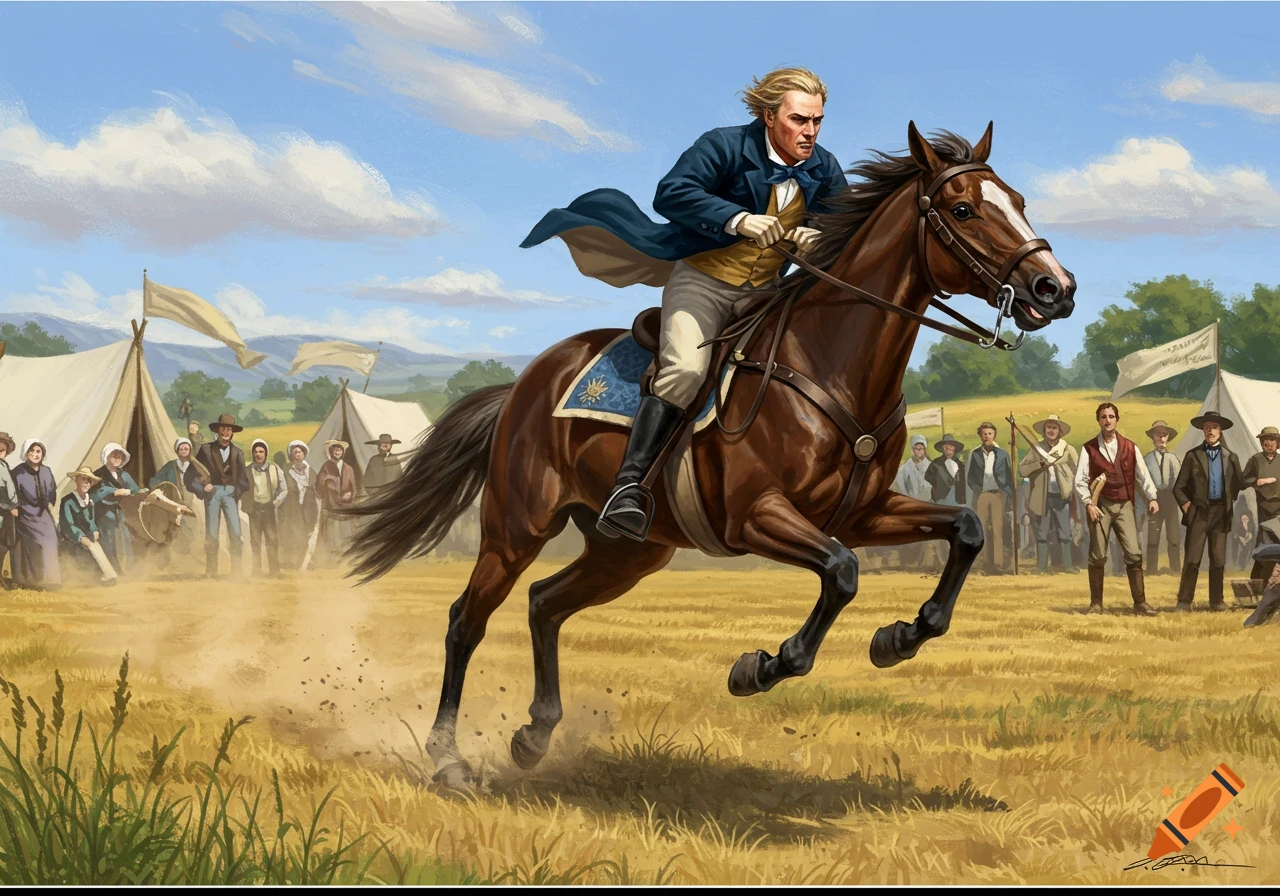 A man on a galloping horse races past a crowd gathered at a historical camp meeting with tents. Illustration.
