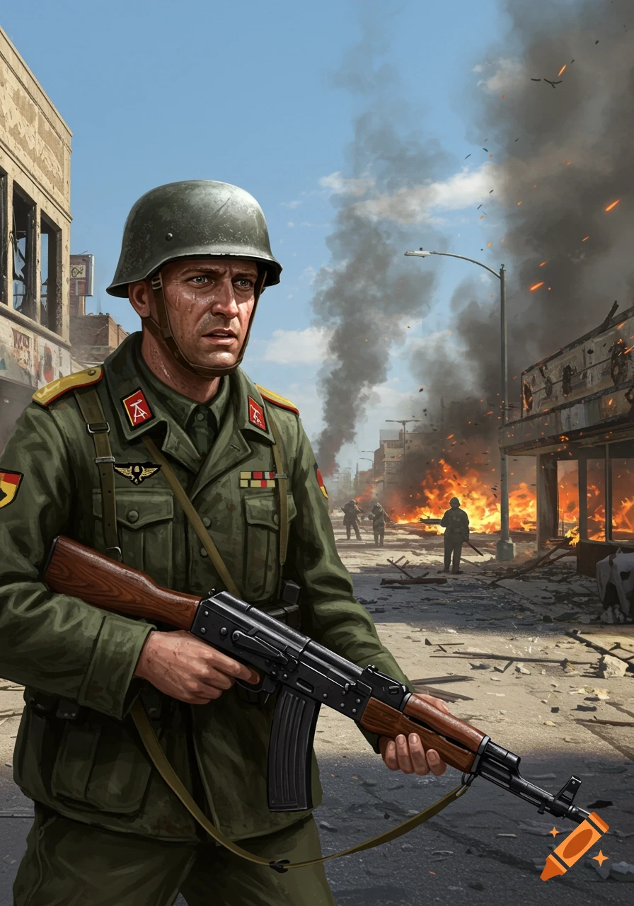 An East German soldier in a helmet and olive green uniform holds a rifle, standing in a war-torn city street with burning buildings and smoke in the background under a blue sky.