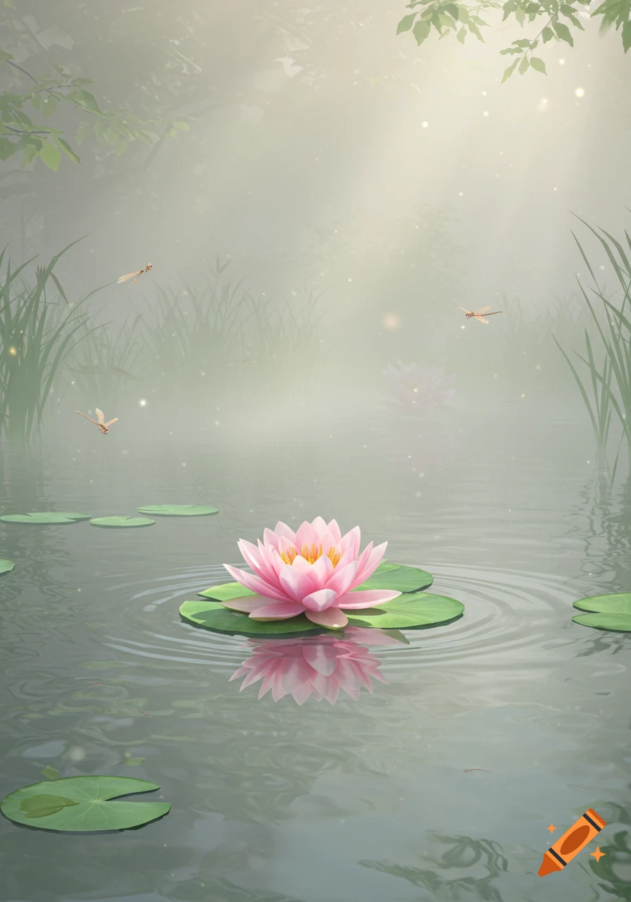 A vibrant pink lotus flower on a lily pad floats on a misty pond with dragonflies and soft sunlight filtering through trees.
