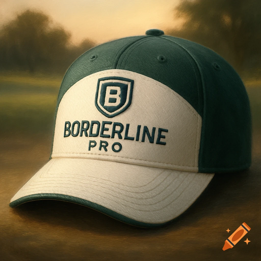Close-up, photorealistic image of a green and off-white baseball cap with "BORDERLINE PRO" text and a "B" logo on the front.