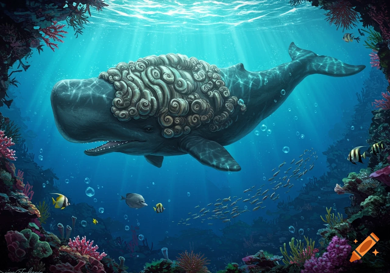 A sperm whale with curly, brain-like patterns on its head swims through a vibrant coral reef with colorful fish and sun rays.