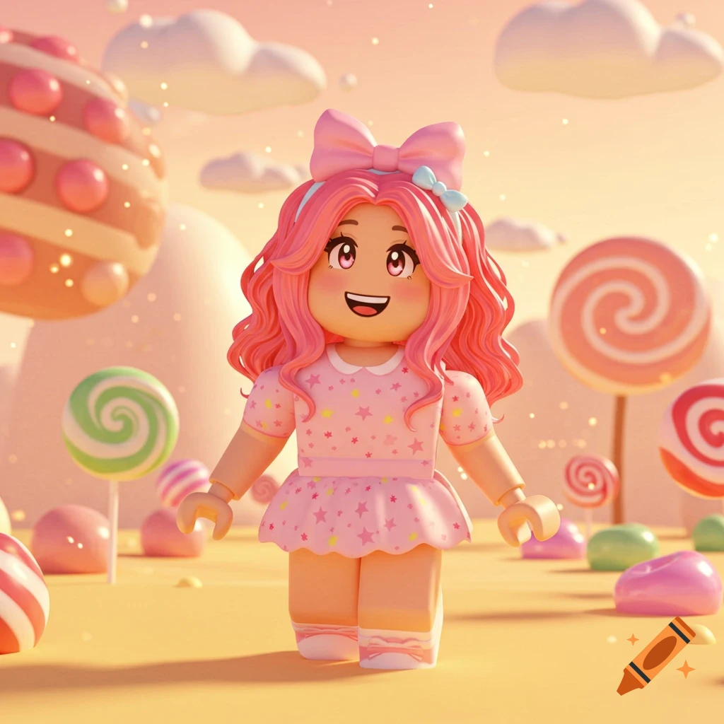 A cute Roblox-style girl with pink hair and a bow, wearing a pink dress, standing in a whimsical candy land.