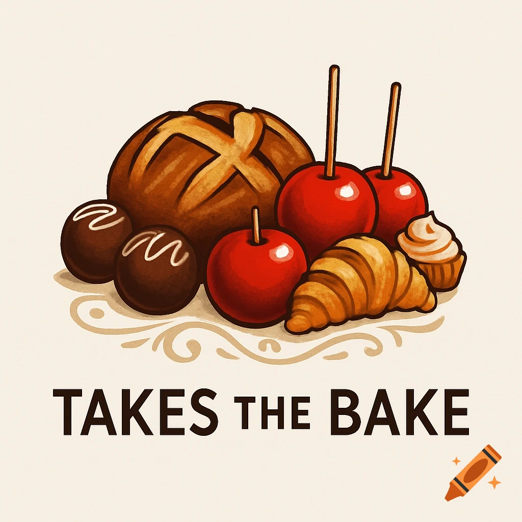 An illustration of baked goods and sweets including bread, chocolate truffles, candied apples, a croissant, and a cupcake, with "TAKES THE BAKE" text.