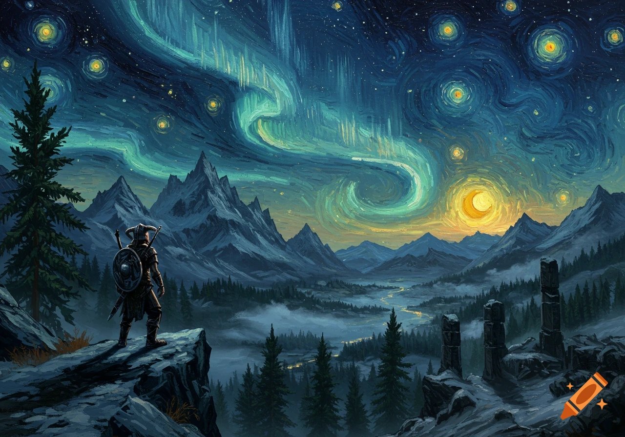 A fantasy warrior overlooks a mountain valley with a river and pine trees under a starry, aurora-filled night sky, in Van Gogh's style.
