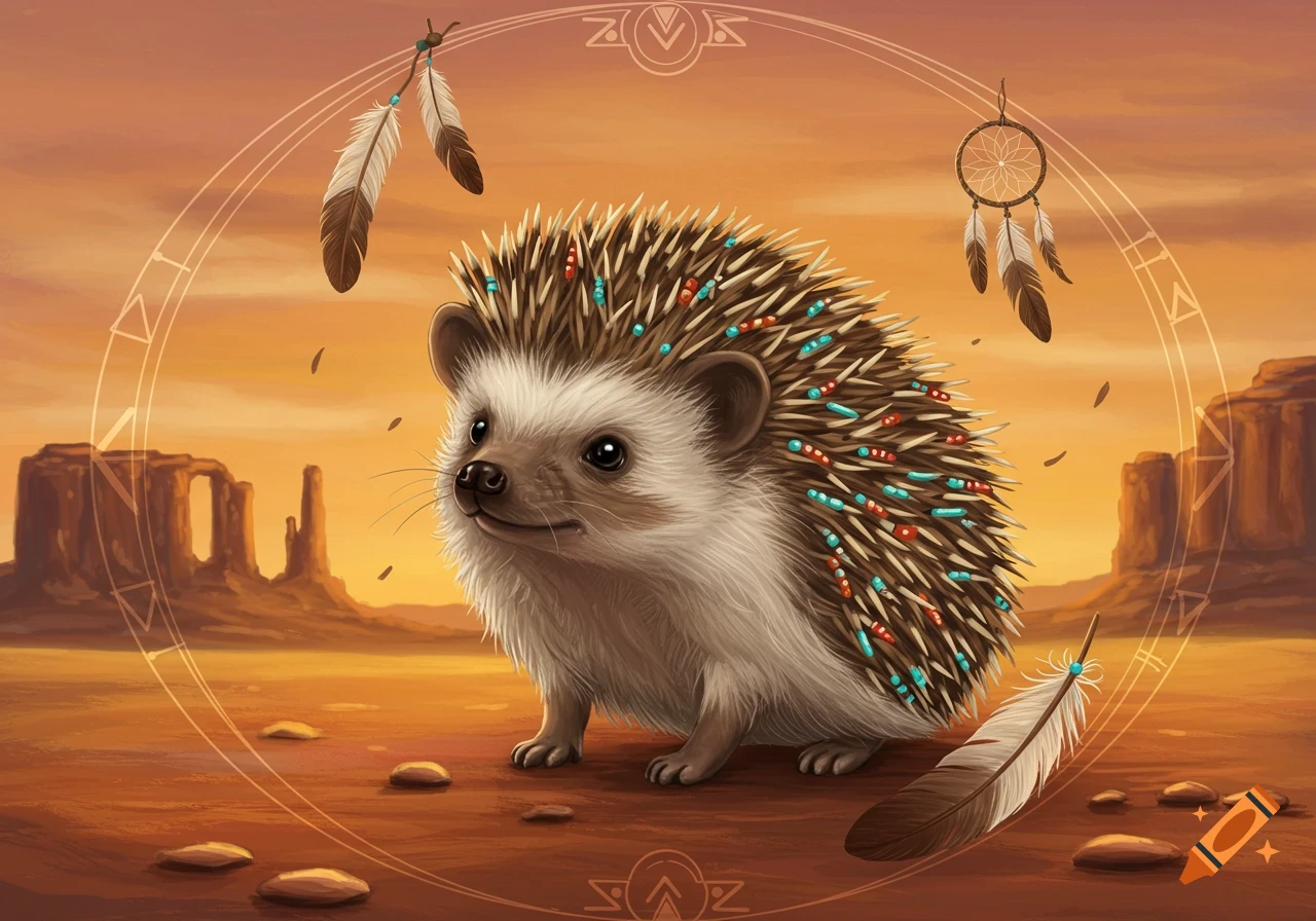 Cute hedgehog with colorful quill beads in a desert landscape, framed by feathers and a dreamcatcher. Digital art.