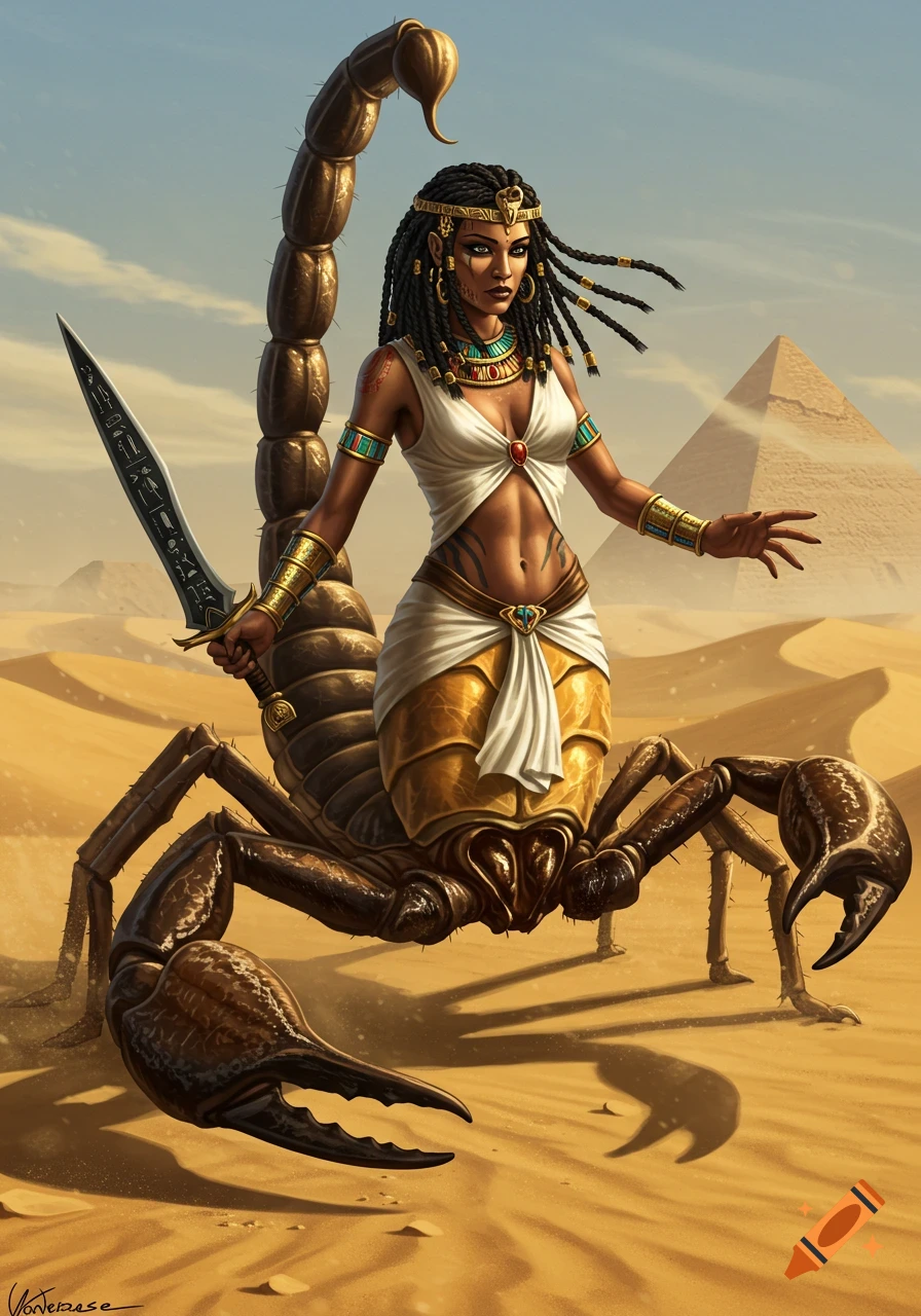 A detailed illustration of an Egyptian scorpion woman holding a sword in a desert with a pyramid.
