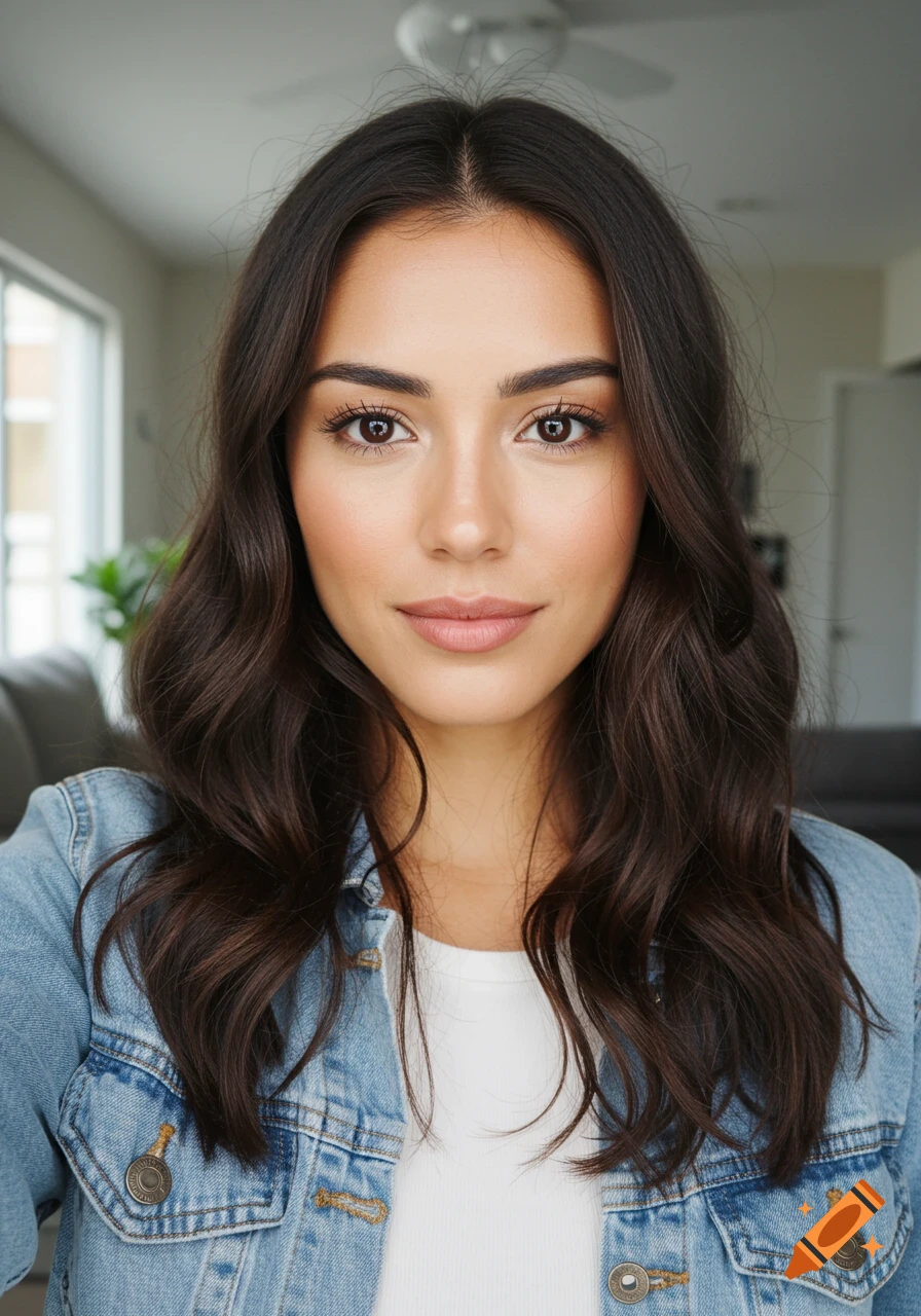 Close-up portrait of a young woman with long dark wavy hair, wearing a denim jacket and white top, looking at the camera.