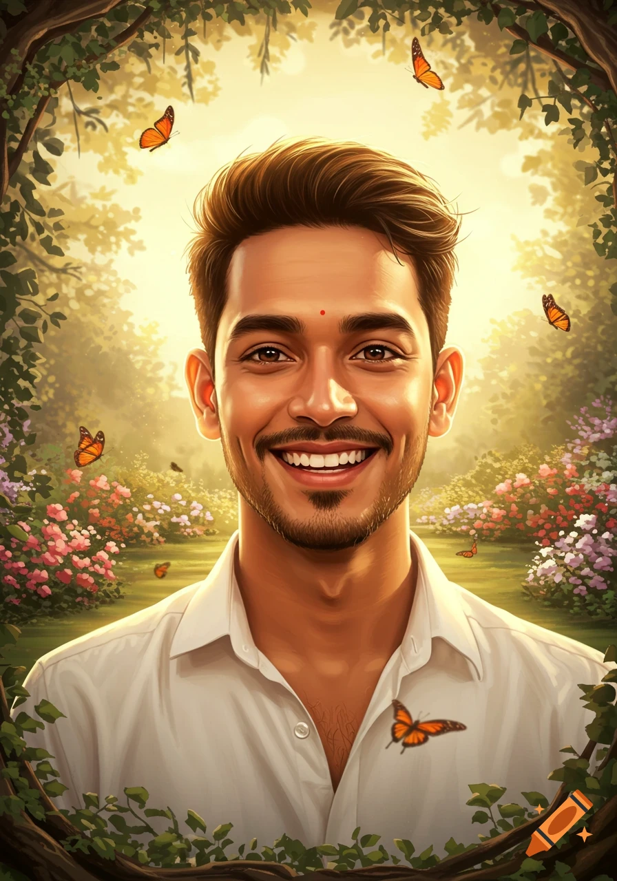 Smiling man in a white shirt, surrounded by trees, flowers, and butterflies in a vibrant, sunlit natural setting.