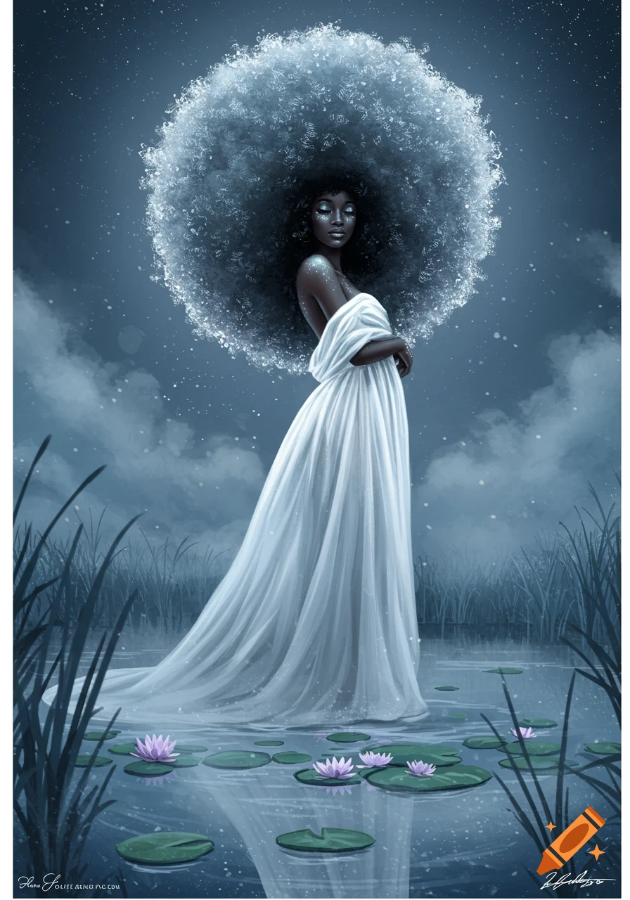 Illustrative portrait of a dark-skinned woman with a sparkling afro, white dress, standing in water with lily pads.