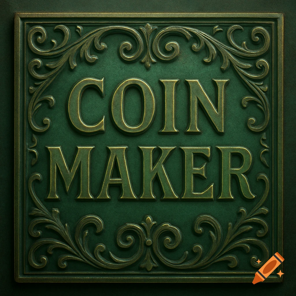 An ornate, embossed green plaque with gold lettering that reads "COIN MAKER". The sign features intricate scrollwork around the edges.