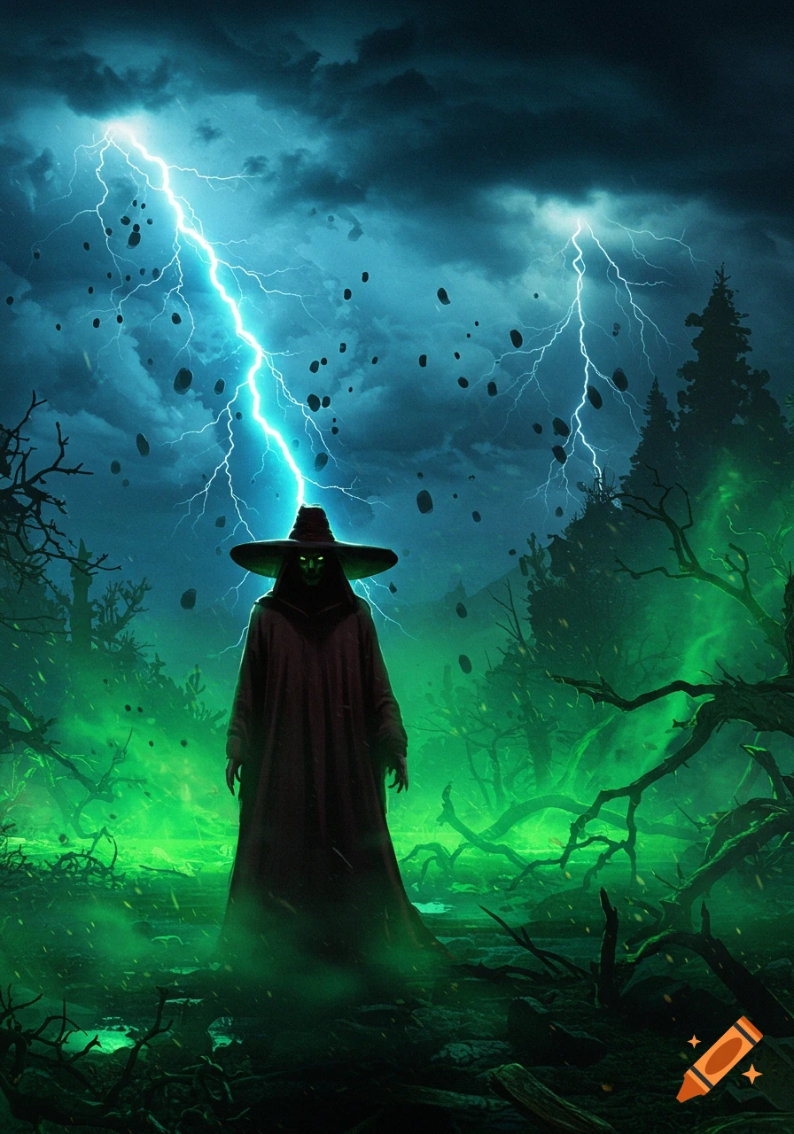 A shadowy figure in a wide-brimmed hat and cloak stands in a green misty forest as lightning strikes the dark sky.