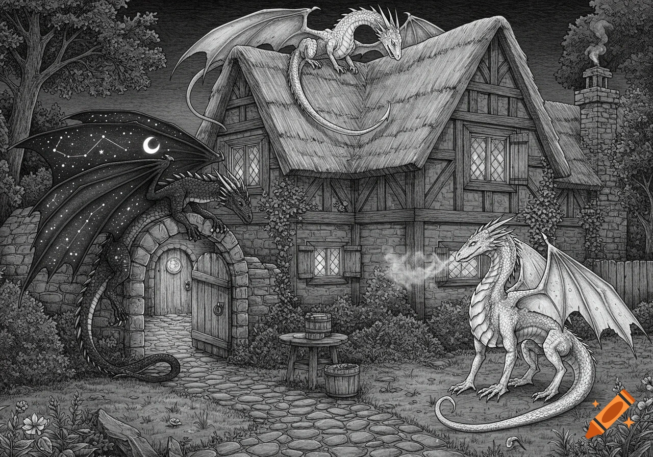 Detailed black and white illustration of three dragons around an old inn at night, with one breathing smoke.