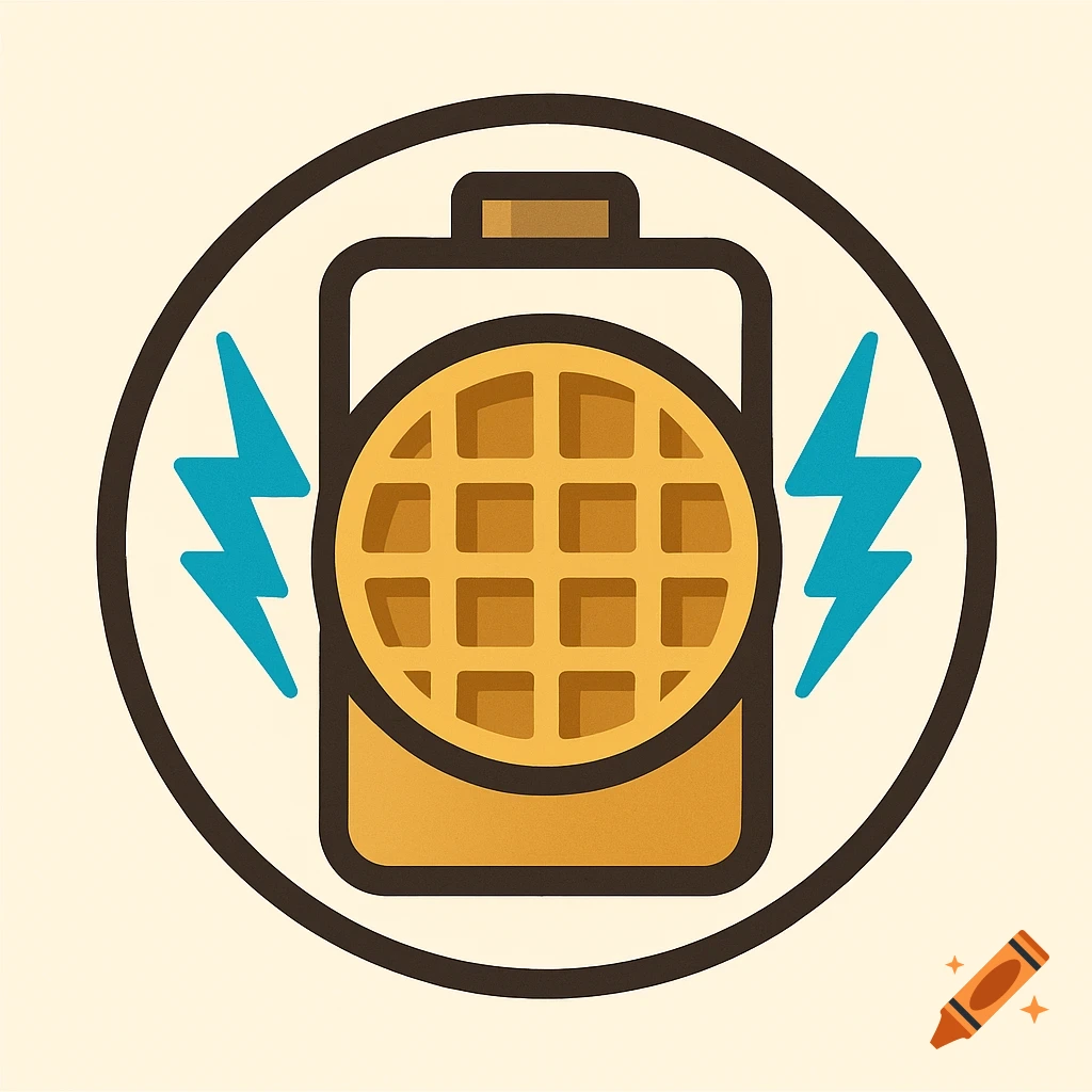A stylized rounded logo featuring a golden battery with a waffle pattern inside, flanked by two blue lightning bolts, all within a circular black border.
