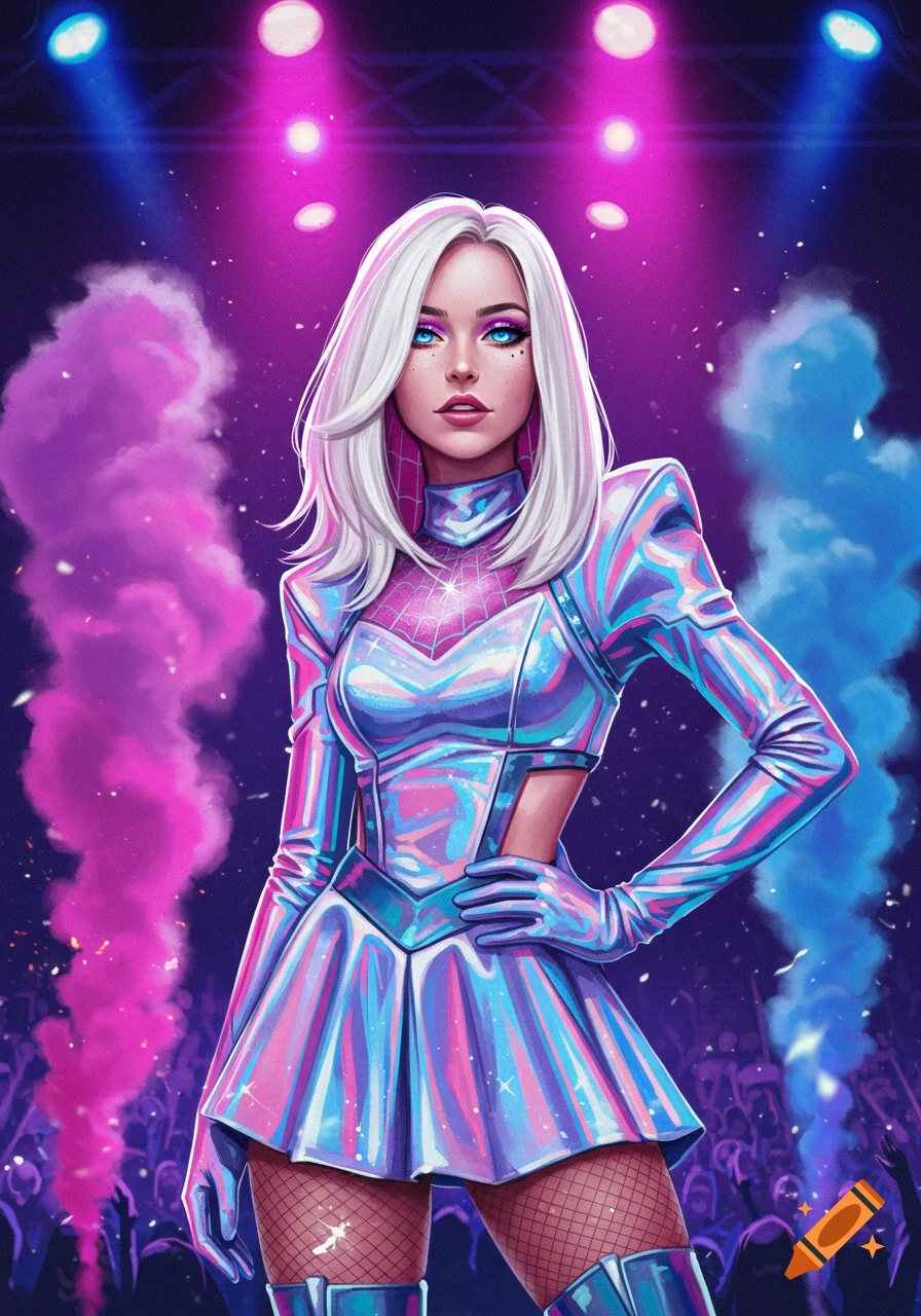 A vibrant illustration of a white-haired woman in an iridescent futuristic outfit performing on a stage with pink and blue lights.