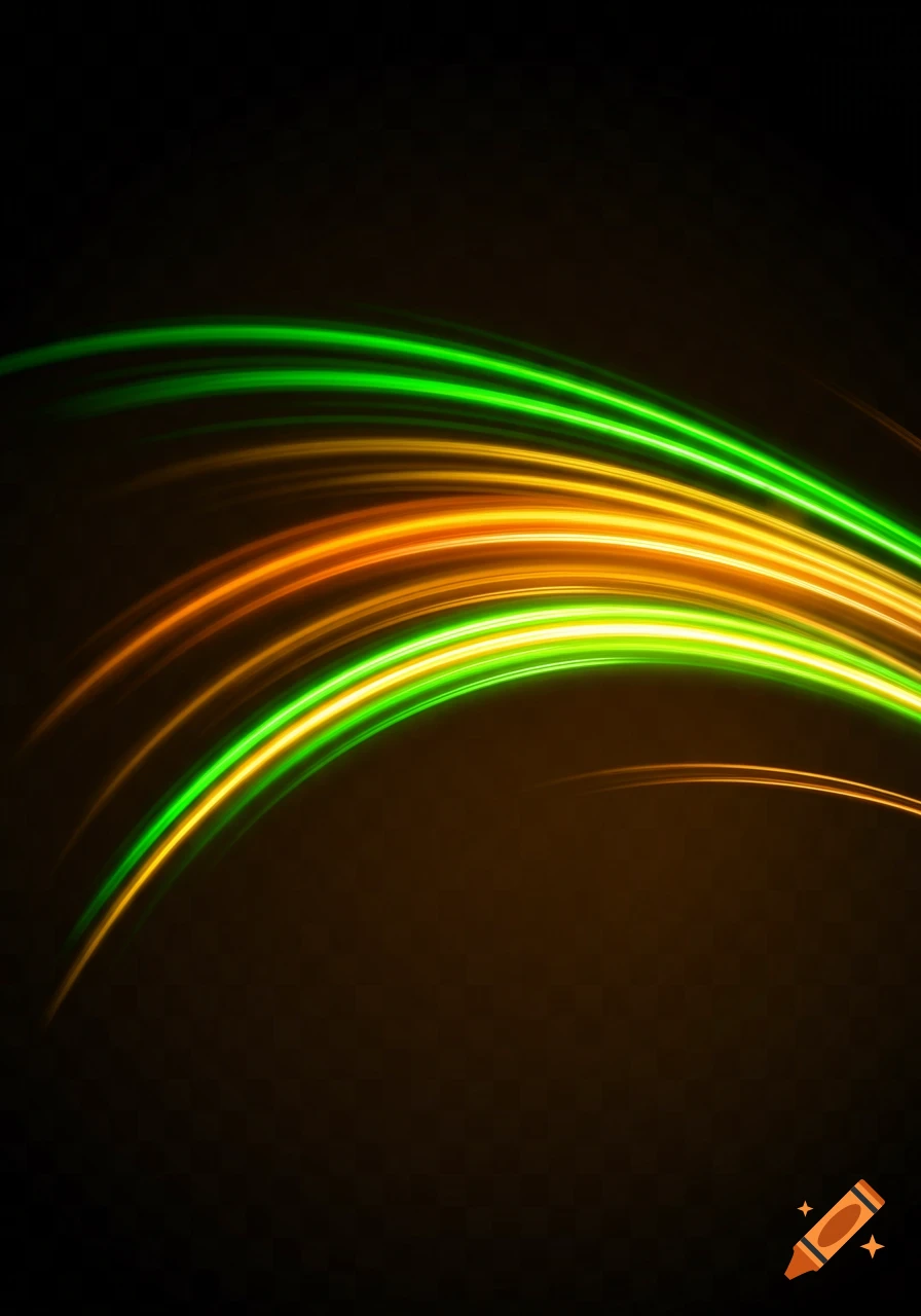 Dynamic neon light trails in green, orange, and yellow arcs against a dark background, evoking speed and energy.