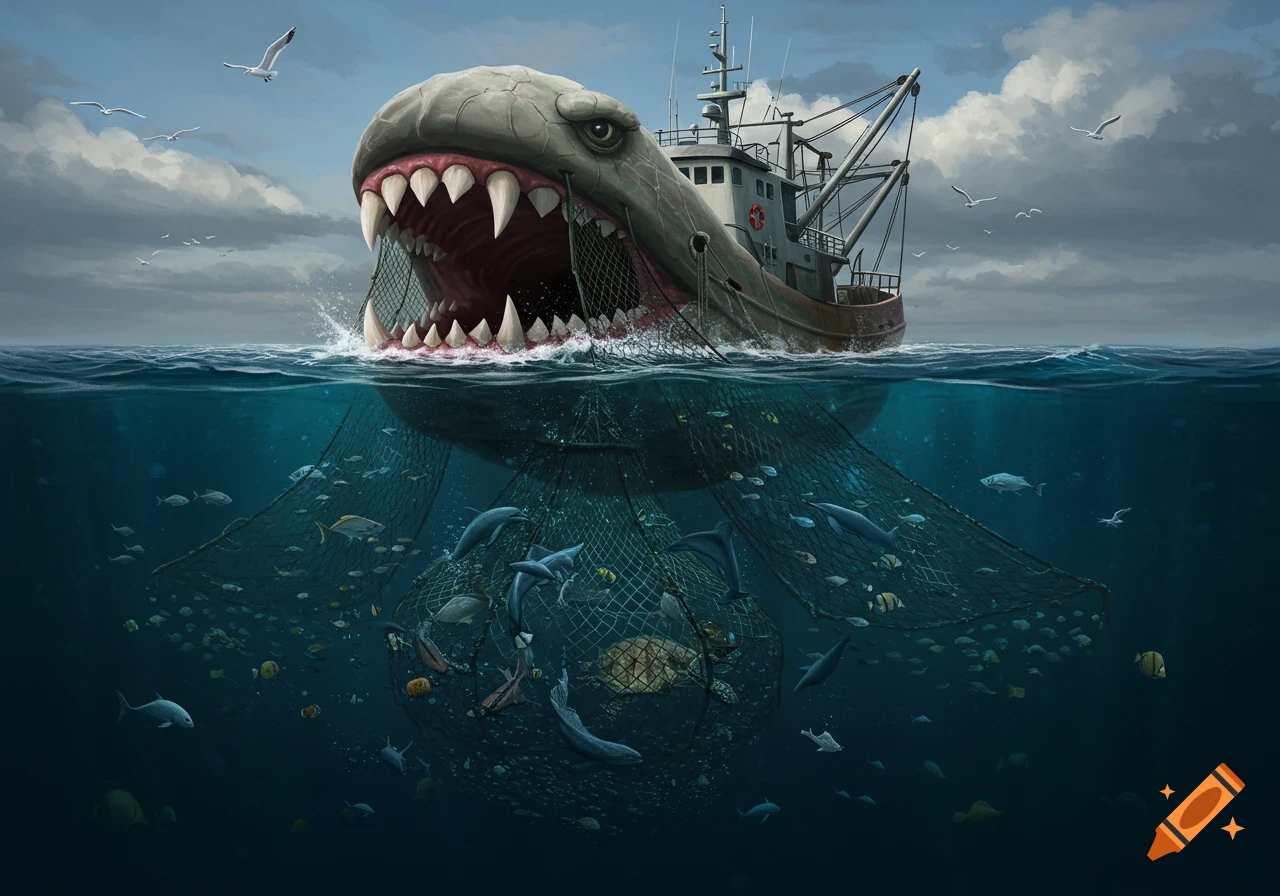 An illustration of a monster-like fishing trawler with sharp teeth and nets resembling jaws, capturing marine life in a dark ocean.