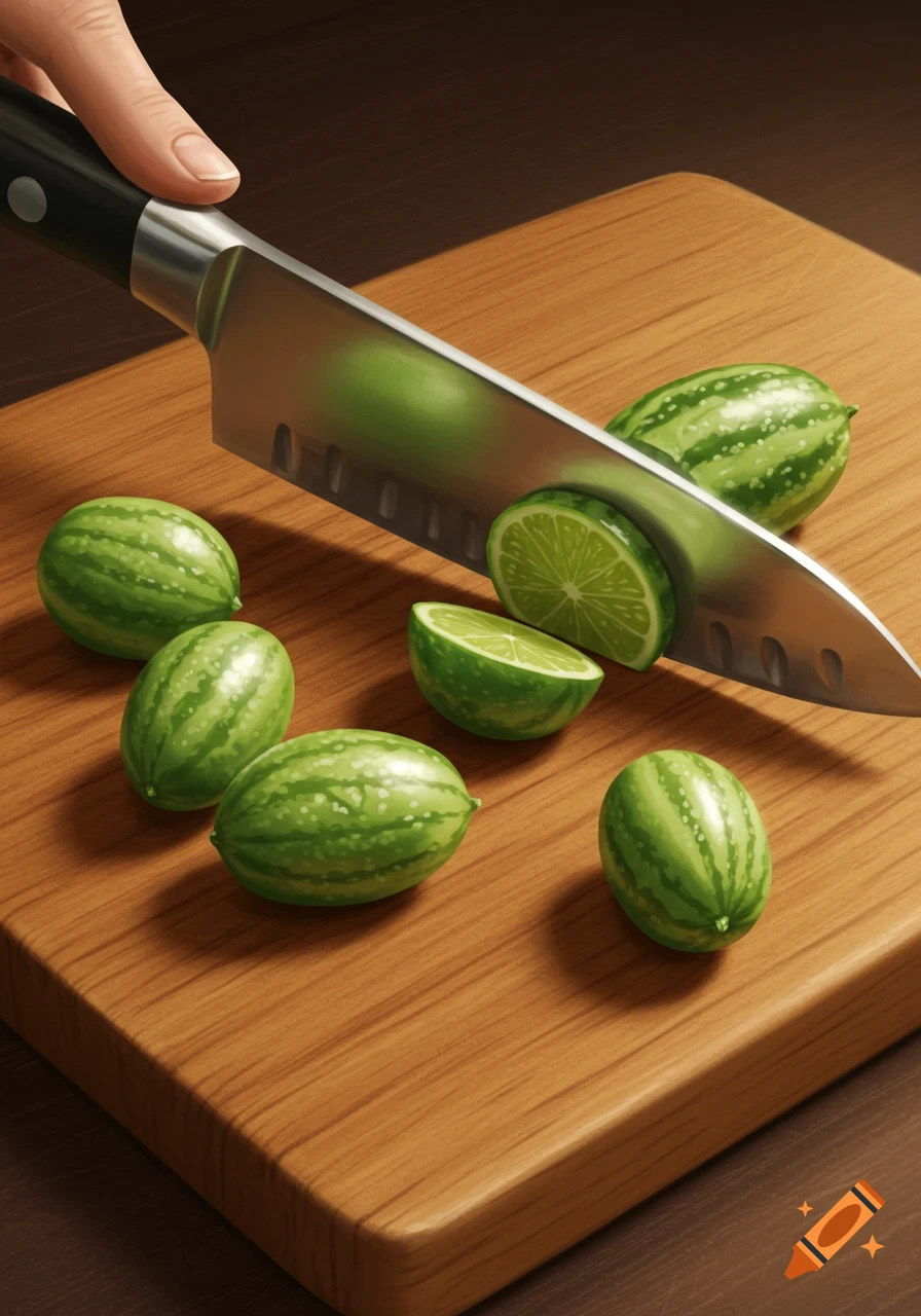 A hand slices a mouse melon with a chef's knife on a wooden cutting board, with other melons around it.