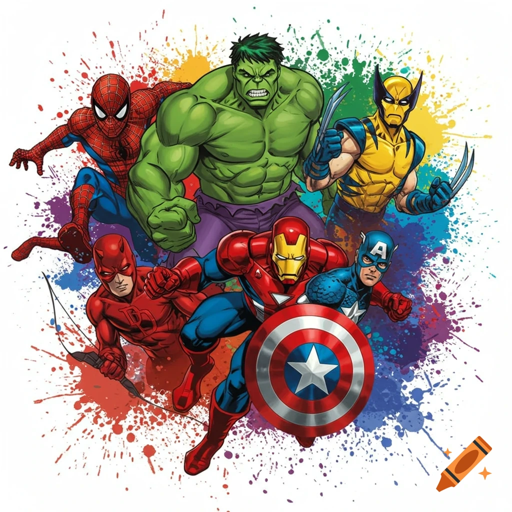 Spider-Man, Hulk, Wolverine, Iron Man, Captain America, and Daredevil in a comic book illustration with colorful ink splashes.