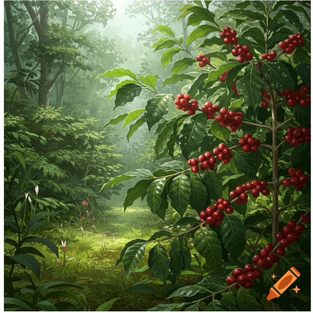Vibrant illustration of a coffee tree with ripe red berries and lush green leaves in a misty, sunlit forest.