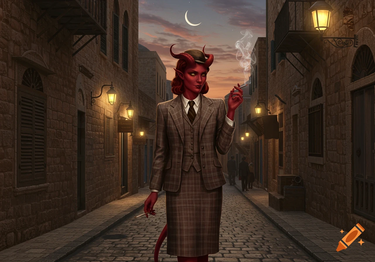 A red-skinned tiefling woman in a 1940s plaid suit stands on a cobblestone street at dusk, smoking a cigarette.