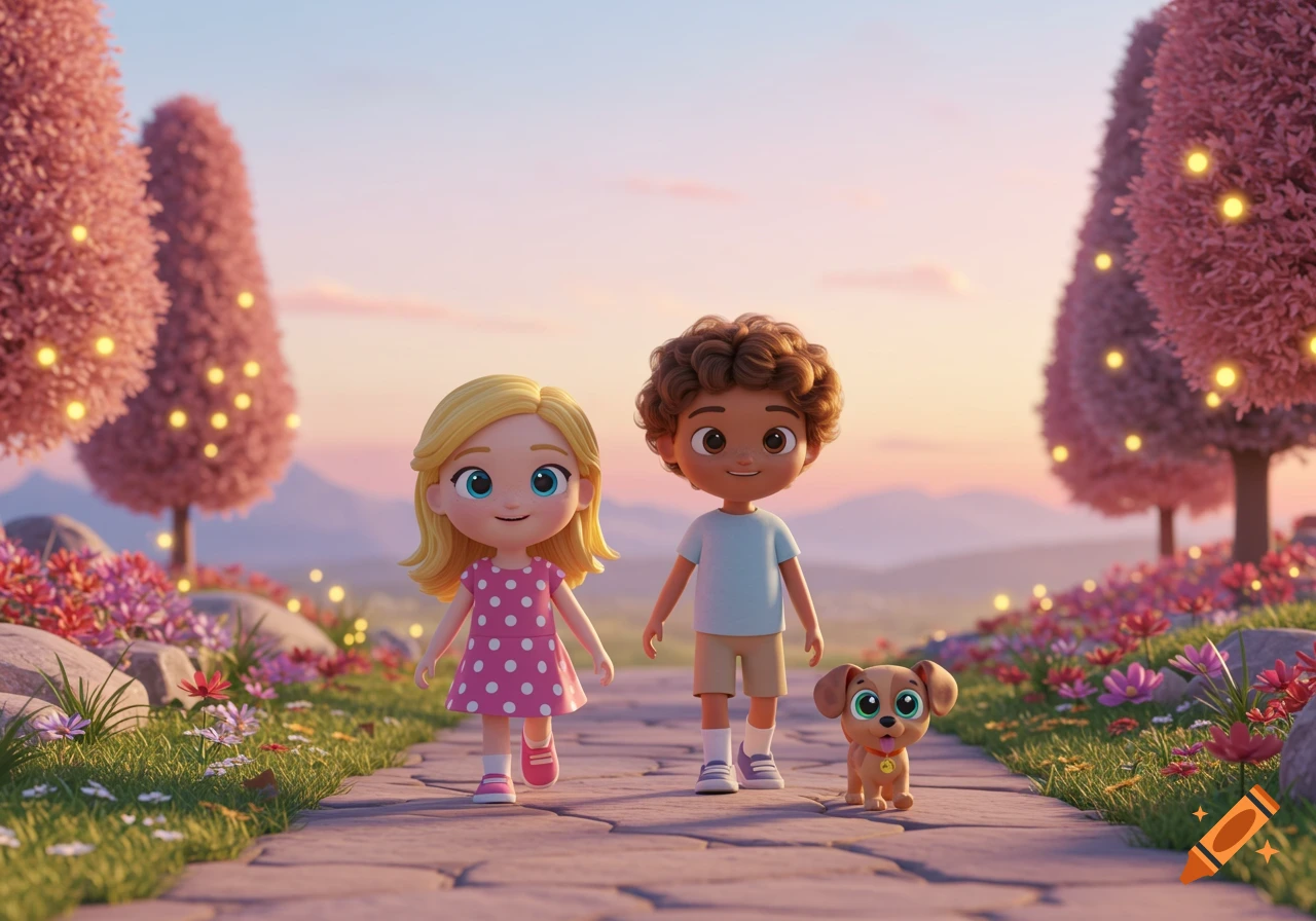 A 3D cartoon of a blonde girl, a boy, and a puppy walking on a stone path through a dreamy sunset landscape with pink trees.