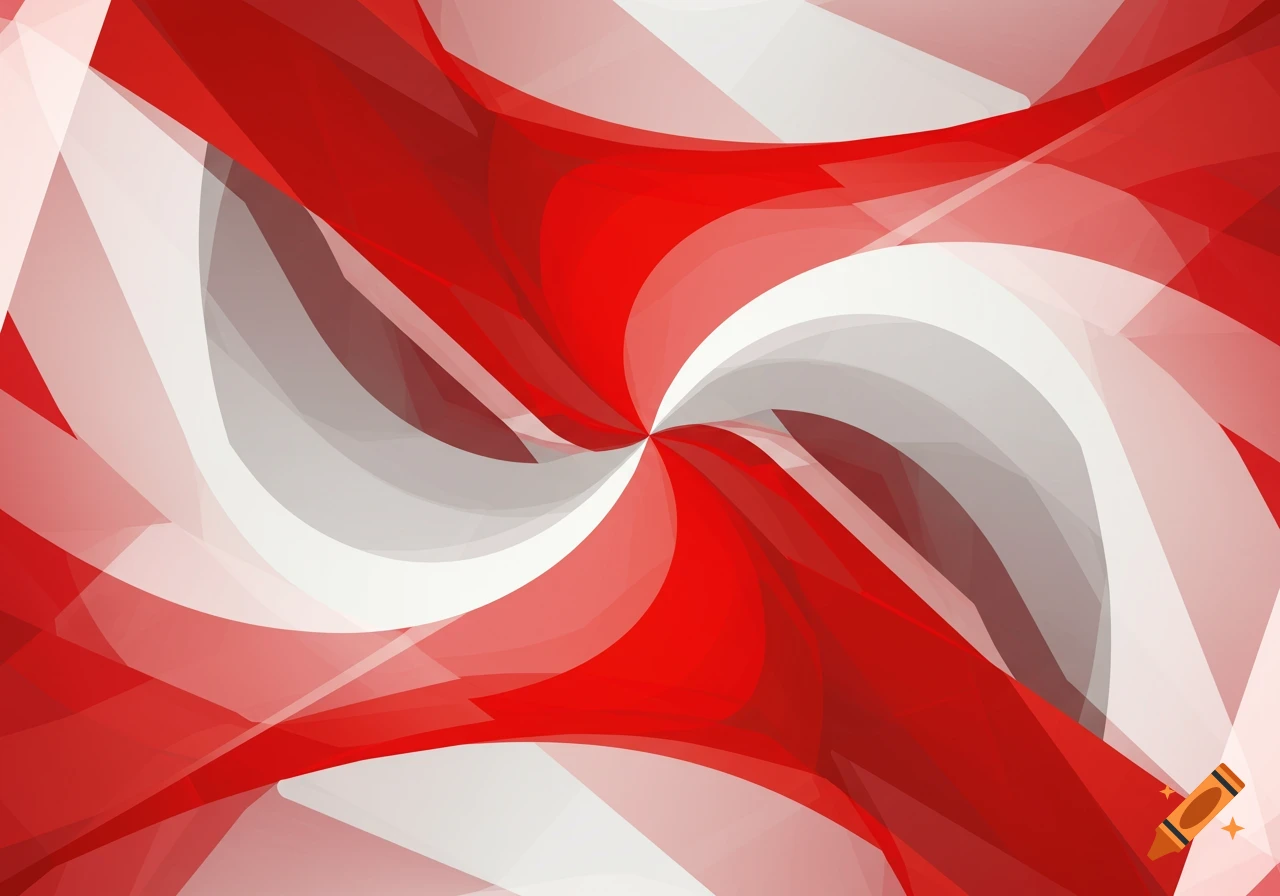 Abstract geometric pattern with swirling, overlapping red, white, and gray shapes.