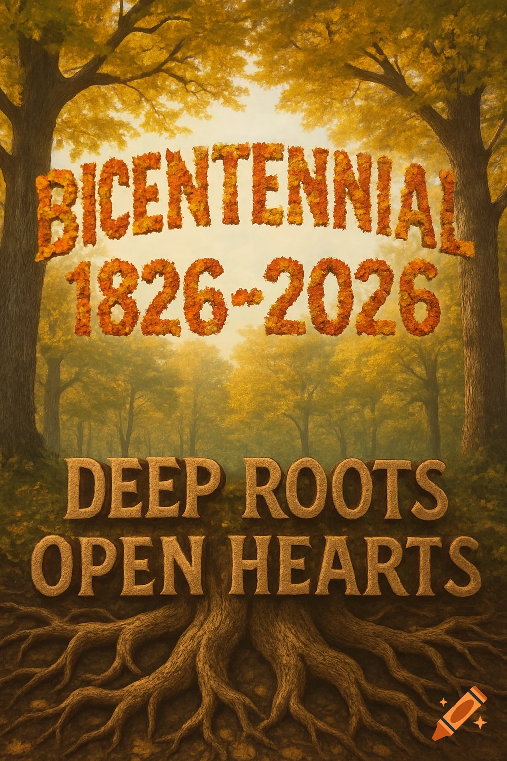 Autumn forest scene with text 'Bicentennial 1826-2026' made of leaves and 'Deep Roots Open Hearts' made of roots.
