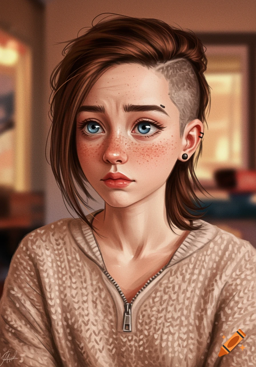 Digital painting of a confused girl with blue eyes, freckles, a shaved undercut, and brown hair, wearing a zip-up sweater.