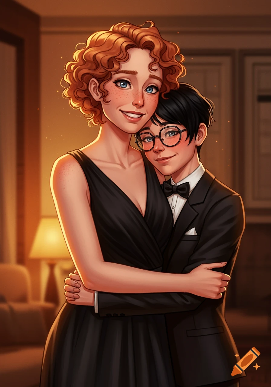 Digital illustration of a curly-haired woman in a black dress embracing a shorter woman in a tuxedo and glasses, in a warm, dimly lit room.