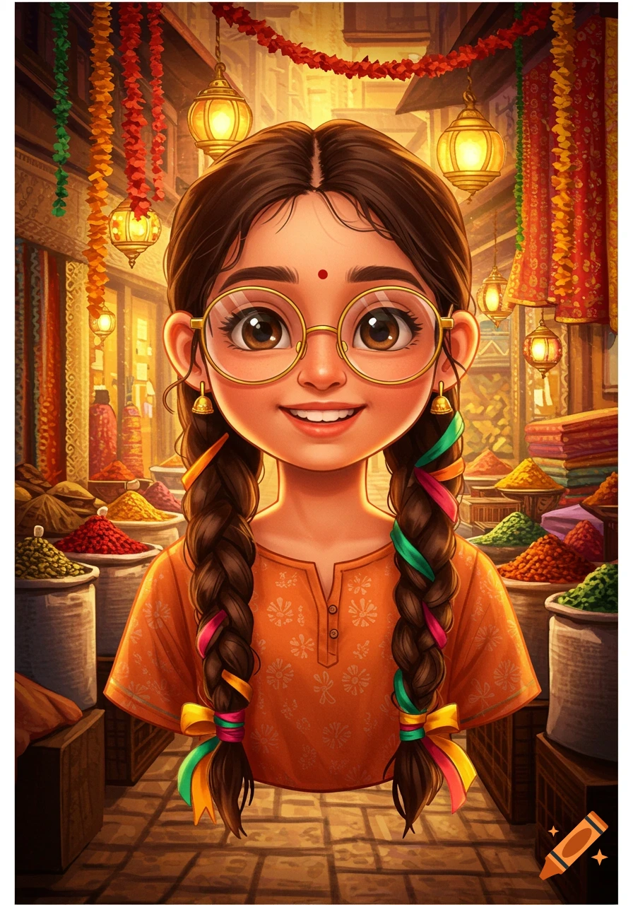 A cute cartoon Indian girl with long braids and glasses, smiling brightly in a vibrant spice market.