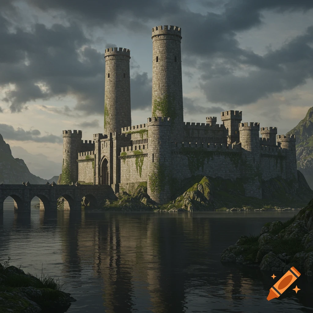 Photorealistic image of an ancient stone castle with multiple towers and walls, situated on a rocky island in a dark lake, connected by an arch bridge under a cloudy sky.