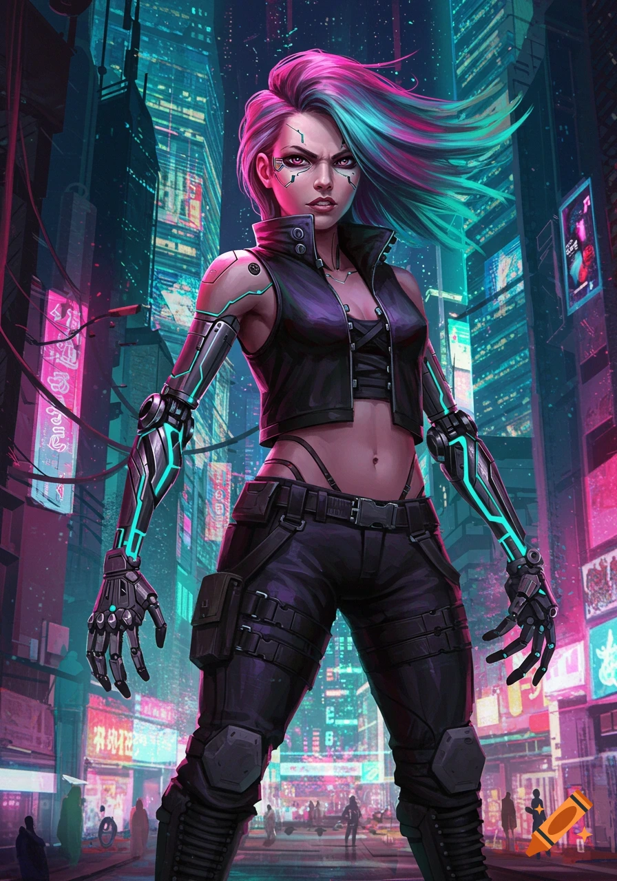 A cyberpunk woman with multi-colored hair and glowing cybernetic arms stands in a neon-lit futuristic city.