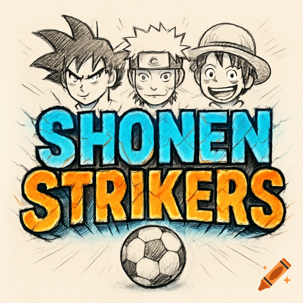 Hand-drawn anime logo with Goku, Naruto, and Luffy above 'SHONEN STRIKERS' text and a soccer ball.