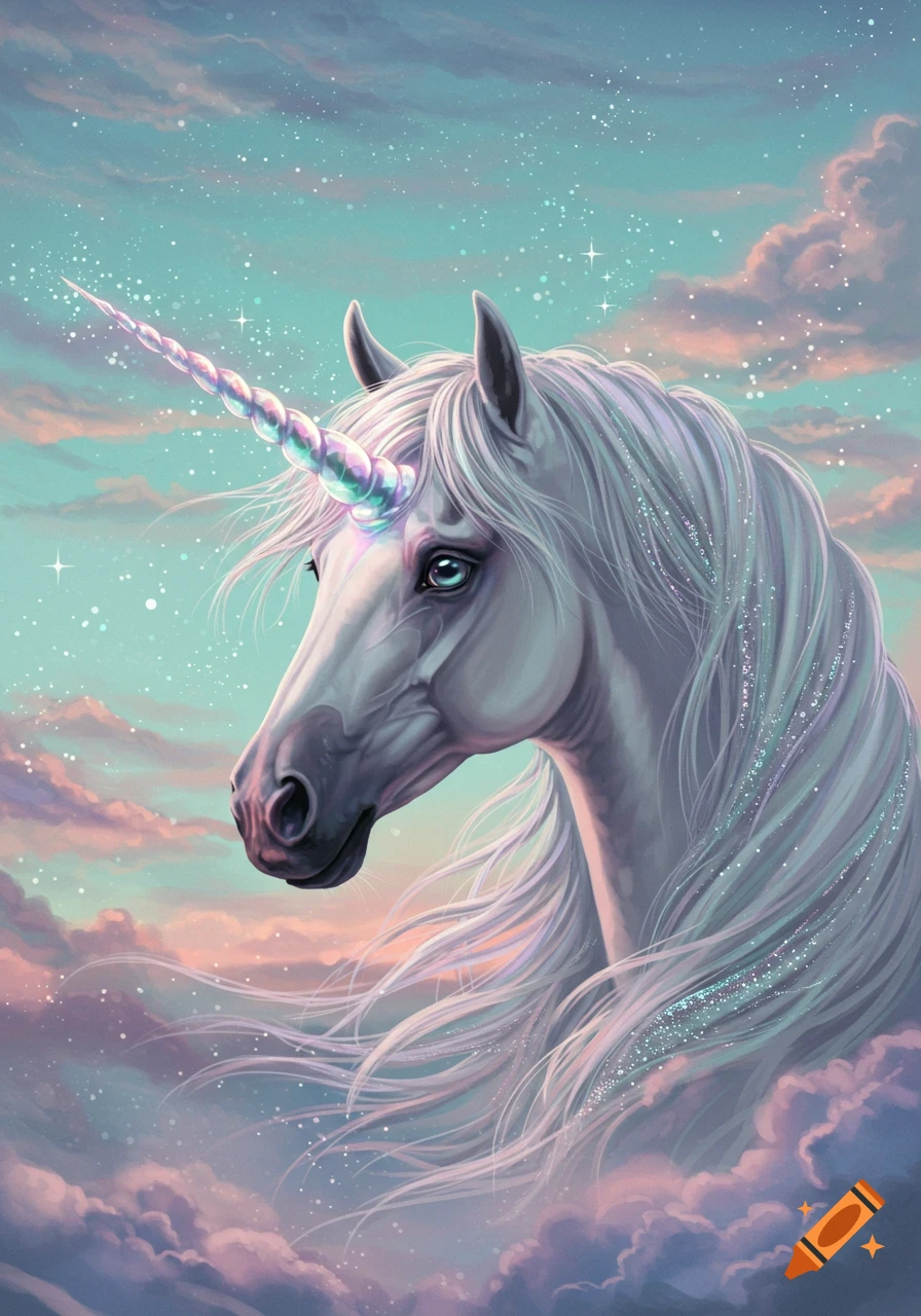 A majestic white unicorn with a shimmering rainbow horn and flowing mane looks out from a pastel pink and blue starry sky with soft clouds in a fantasy illustration.