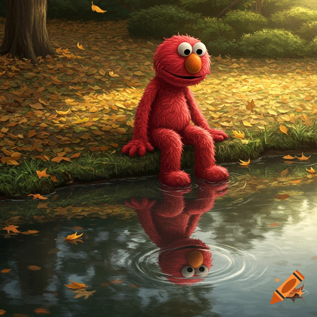 Red furry Elmo sits sadly at a pond's edge, gazing at his reflection, surrounded by autumn leaves in a forest.