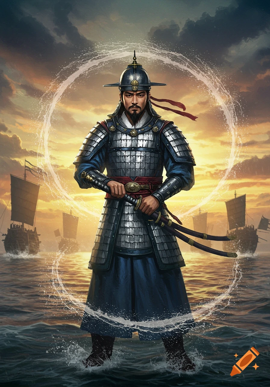 An armored Asian warrior stands in water holding a sword, with traditional ships sailing at sunset.
