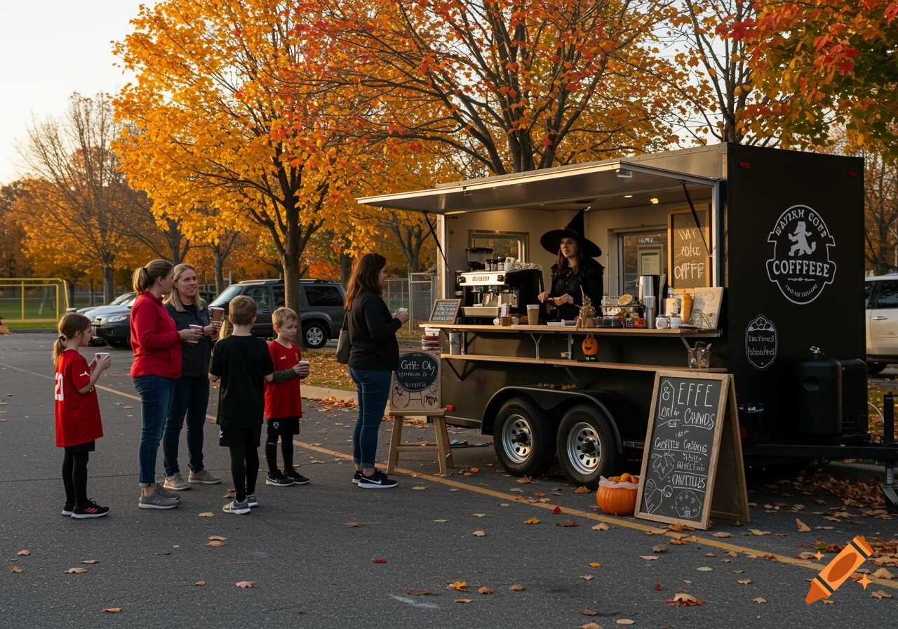 Photorealistic image of a witch barista serving coffee from a black trailer to customers, including children in sports uniforms, in an autumn park parking lot.