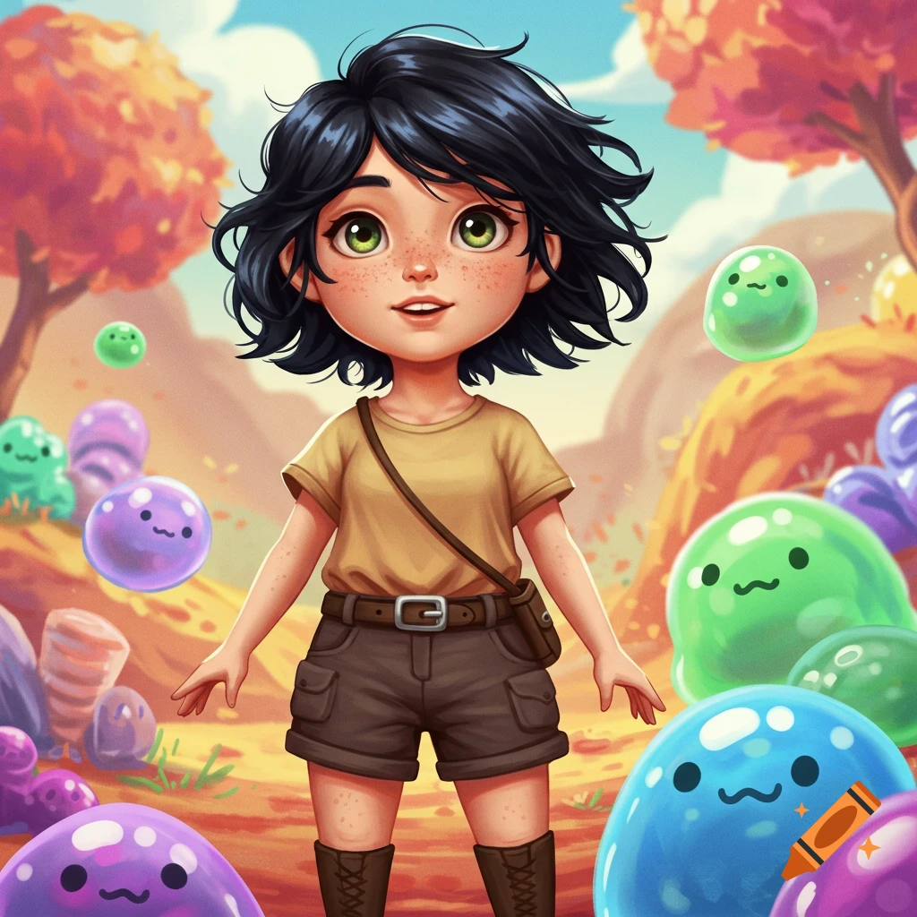 A cute cartoon girl with short black hair and freckles stands amidst colorful, smiling slimes in a vibrant, stylized landscape.